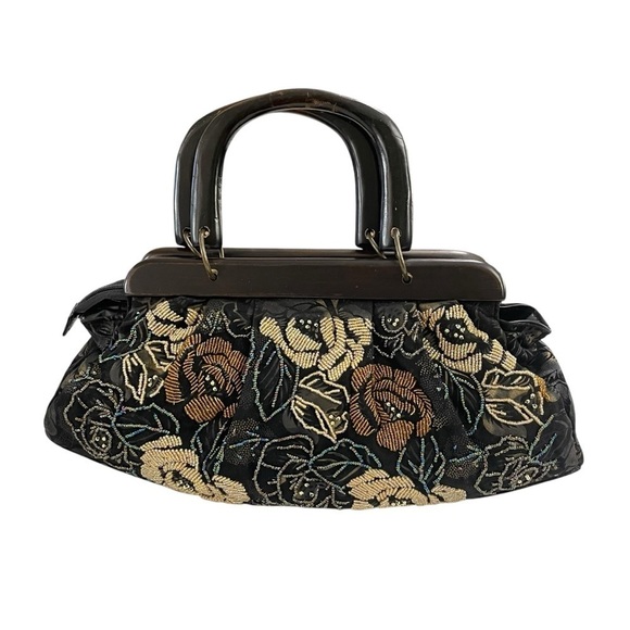 Vintage Unbranded Floral Pattern Beaded Fabric Handbag Satchel Purse Wood Handle - Picture 7 of 16